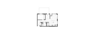 A black and white floor plan of an apartment with a bedroom, bathroom, kitchen, and living room.