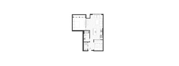 A floor plan of an apartment with a kitchen, living room, bedroom, and bathroom.
