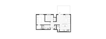A black and white floor plan of an apartment with a bedroom, bathroom, kitchen, and living room.
