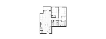 A black and white floor plan of an apartment with a kitchen, living room, two bedrooms, and two bathrooms.