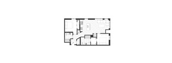 A black and white image of a floor plan with a kitchen, living room, two bedrooms, and two bathrooms.