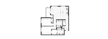A black and white image of a floor plan with a living room, kitchen, two bedrooms, and two bathrooms.