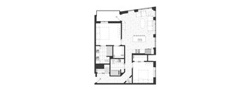 A black and white floor plan of an apartment with two bedrooms, two bathrooms, a living room, and kitchen.