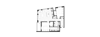 A black and white image of a floor plan for an apartment with two bedrooms, two bathrooms, a kitchen and a living room.