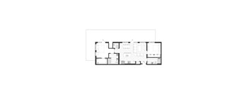 A black and white floor plan of an apartment with a kitchen, living room, two bathrooms, and two bedrooms.