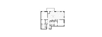 A black and white image of a floor plan for an apartment with two bedrooms, two bathrooms, a kitchen, and living room.