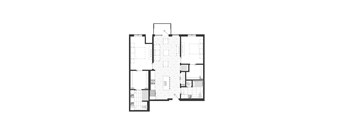 A black and white image of a floor plan for an apartment with a kitchen, living room, two bedrooms, and two bathrooms.