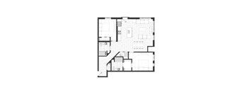 A black and white floor plan of an apartment with a kitchen, living room, two bedrooms, and two bathrooms.