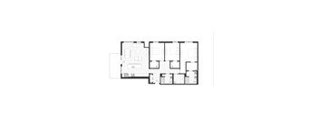 A black and white floor plan of an apartment with a living room, kitchen, three bedrooms, and two bathrooms.