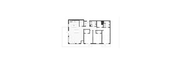 A black and white floor plan of an apartment with a living room, kitchen, three bedrooms, and two bathrooms.