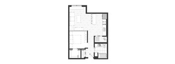 A floor plan of a studio apartment with a kitchen, bathroom, and living space