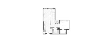 A black and white image of a floor plan of an apartment with a kitchen, living space, and bathroom.