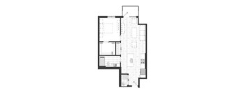 A black and white image of a floor plan of an apartment with a bedroom, bathroom, kitchen, and living room.
