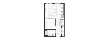 A floor plan of an apartment with a kitchen, living space, and bathroom.