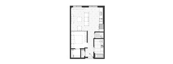 A black and white floor plan of an apartment with a living space, kitchen, and bathroom.
