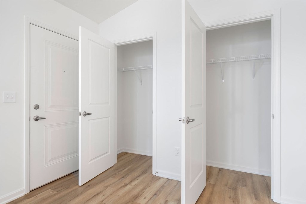 a bedroom with two closets and a hardwood floor