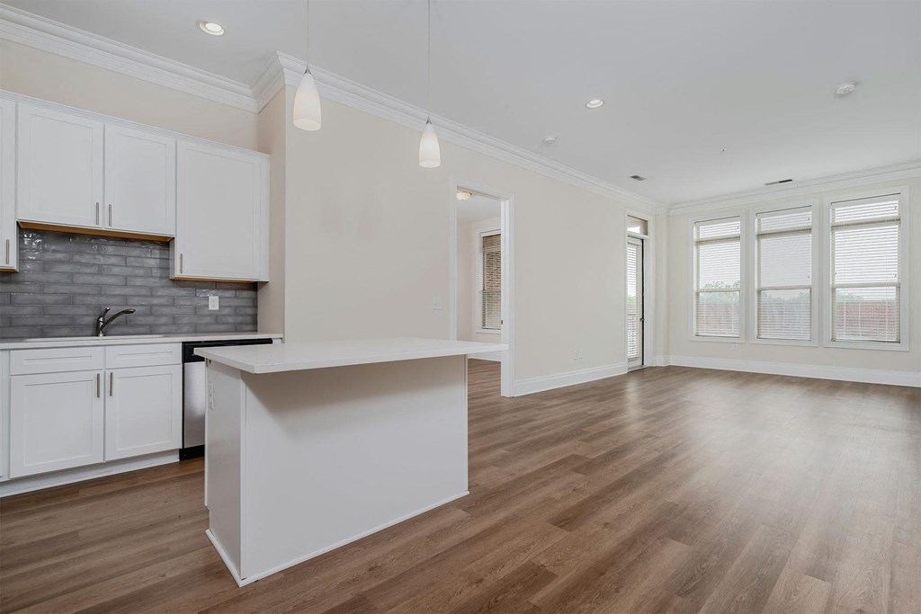 a kitchen and living room in a 555 waverly unit
