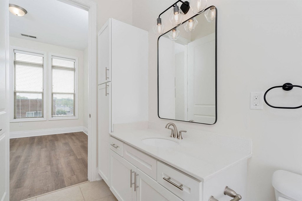 a bathroom with a sink and a mirror