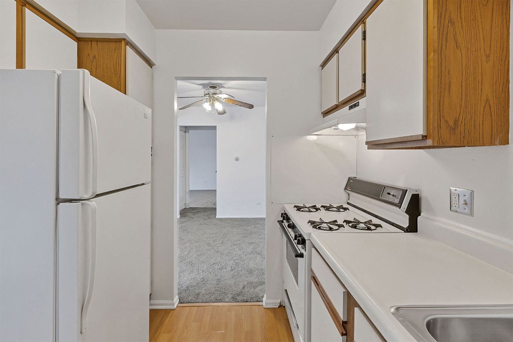 a kitchen with white countertops and a white refrigerator