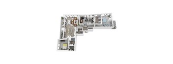 A 3D floor plan of a house with multiple rooms and furniture.