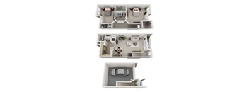 A 3D floor plan of a house with a car parked in the garage.