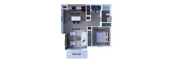 A floor plan of a small apartment with a kitchen, living room, and bedroom.