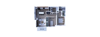 A floor plan of a small apartment with a kitchen, living room, and bathroom.