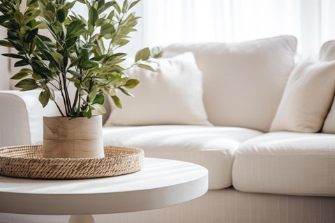 A plant sits on a woven basket on a white table.