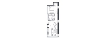 A floor plan of an apartment with a kitchen, living room, dining area, bedroom, and bathroom.