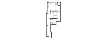 A floor plan of an apartment with a kitchen, living room, bedroom, and bathroom.