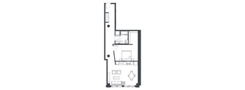 A floor plan of an apartment with a kitchen, living room, bedroom, and bathroom.