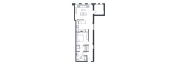 A black and white floor plan of an apartment with a kitchen, living room, bedroom, and bathroom.