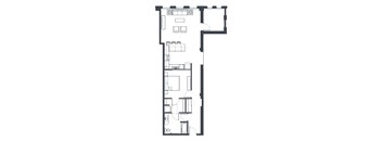 A floor plan of an apartment with a kitchen, living room, bedroom, and bathroom.