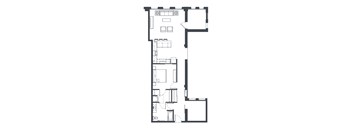 A floorplan for an apartment with a kitchen, living room, bedroom, and bathroom.