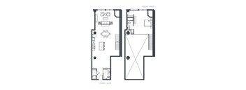 A diagram shows the layout of a two-level apartment with a kitchen, dining area, living room, bedroom, and bathroom.