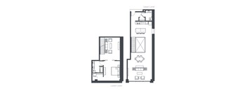 A floor plan of a two-story apartment with a kitchen, dining area, living room, bedroom, bathroom, and half bathroom.