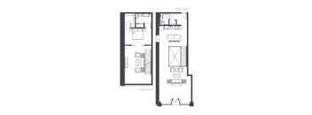 A floor plan shows the layout of an apartment with two levels, including a kitchen, living room, bedroom, and bathroom.