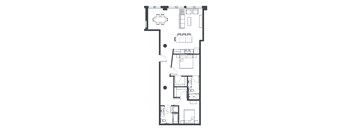 A black and white image of a floor plan for an apartment with a kitchen, dining area, living room, two bedrooms, and two bathrooms.
