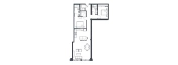 A black and white image of a floor plan of an apartment with a kitchen, dining area, living room, two bedrooms, and two bathrooms.