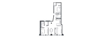 A black and white image of a floor plan of an apartment with a kitchen, dining area, living room, two bedrooms, and two bathrooms.