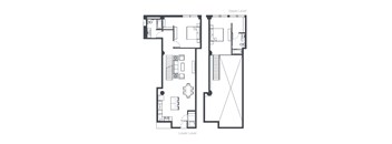A black and white image of a floor plan for a two-level home with a kitchen, dining area, living room, two bedrooms, and two bathrooms.