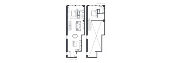 A black and white floor plan of a two-level apartment with a kitchen, dining area, living room, two bedrooms, and two bathrooms.