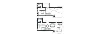 A diagram shows the layout of an apartment with two levels with a kitchen, dining area, living room, two bedrooms, and two bathrooms.