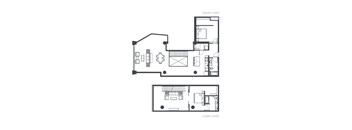 A floor plan of a two-level apartment with two bedrooms, two bathrooms, a kitchen, dining area, and living room.