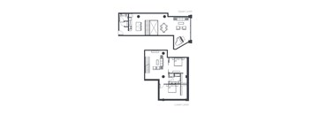 A floor plan shows the layout of an apartment with two levels, including a kitchen, living room, bathrooms, and bedrooms.