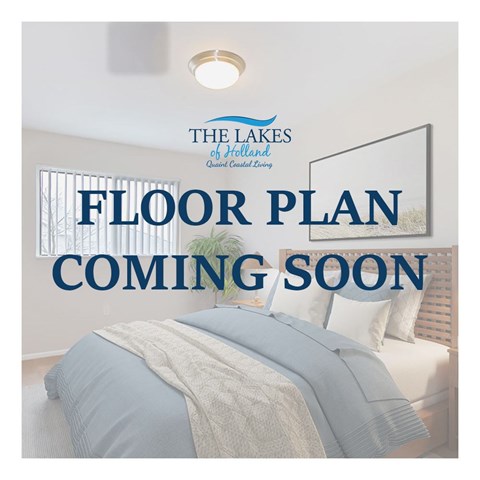 A bedroom with a bed and a sign that says "Floor Plan Coming Soon".