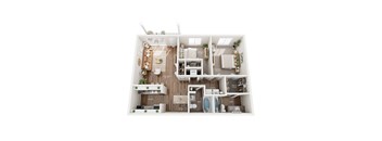 A floor plan of a small apartment with a kitchen, living room, and three bedrooms.