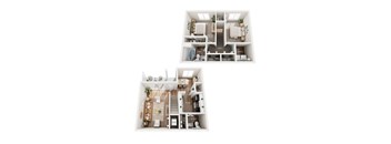A floor plan of a two-story apartment with a living room, kitchen, and bedrooms.