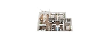 A floor plan of a small apartment with a kitchen, living room, and bathrooms.
