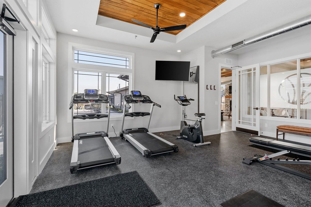 a home gym with treadmills and a tv